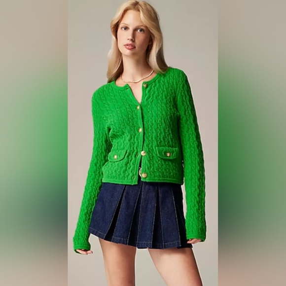 JCrew Green Cable Knit Women's Sweater with Gold Buttons - Picture 1 of 8